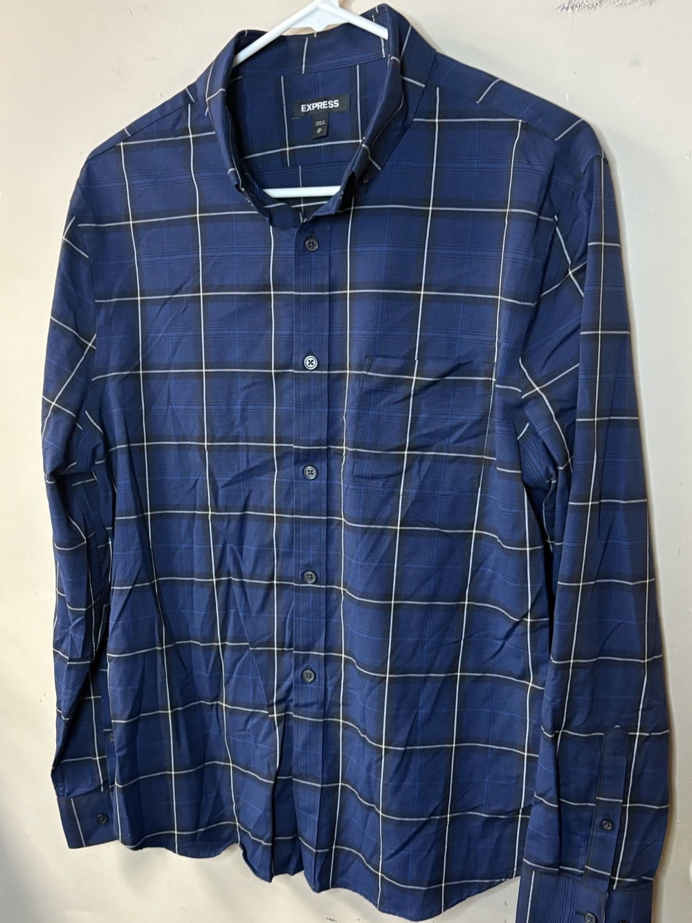 Express Men’s Navy Blue Windowpane size medium Long-Sleeve Button-Down Shirt